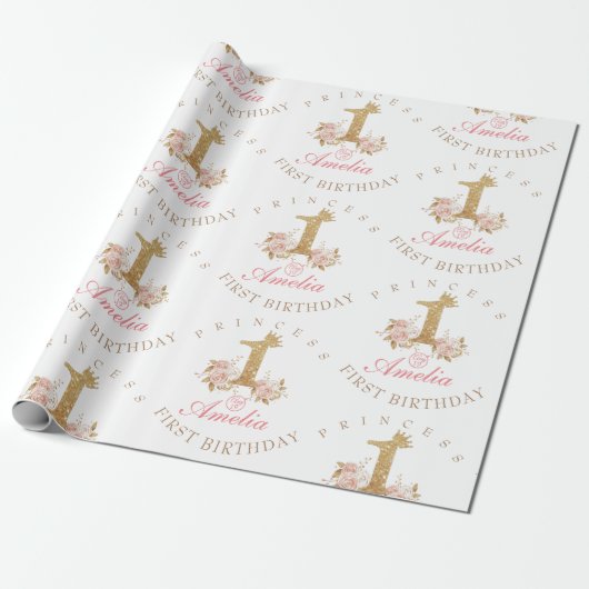Shine Pink Gold Crown Princess 1e verjaardagsfeest Cadeaupapier (Uitgerold)
