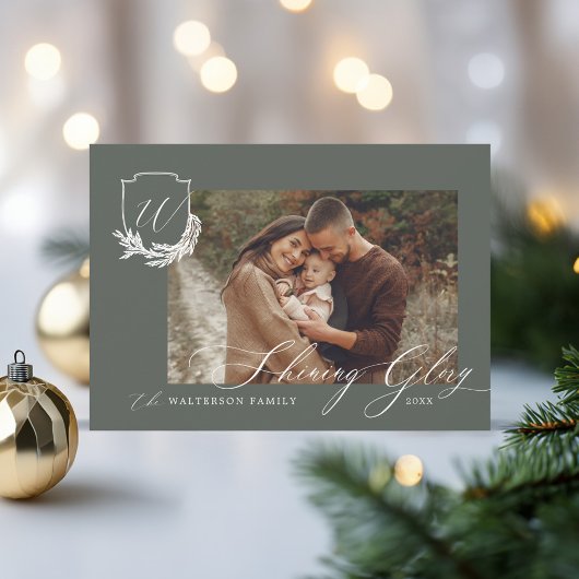 Shining Glory Winter Garland Monogram Crest Foto Feestdagenkaart