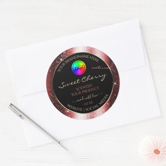 Shining Red Glitter Lijst Productlabel met Logo Ronde Sticker (Envelop)