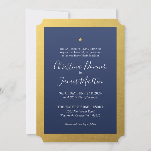 Shining Star Navy Gold Ticket Wedding Invitation Kaart (Voorkant)