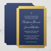 Shining Star Navy Gold Ticket Wedding Invitation Kaart (Voorkant / Achterkant)