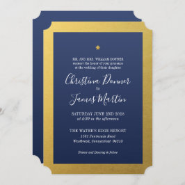Shining Star Navy Gold Ticket Wedding Invitation Kaart