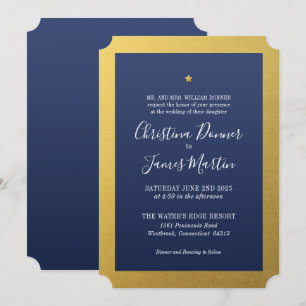 Shining Star Navy Gold Ticket Wedding Invitation Kaart