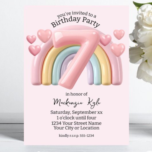 Shiny 3D Rainbow 7th Birthday Party For Girl Pink Kaart