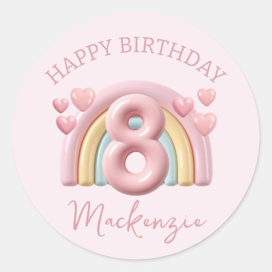 Shiny 3D Rainbow 8th Birthday Girl on Pink Ronde Sticker (Voorkant)