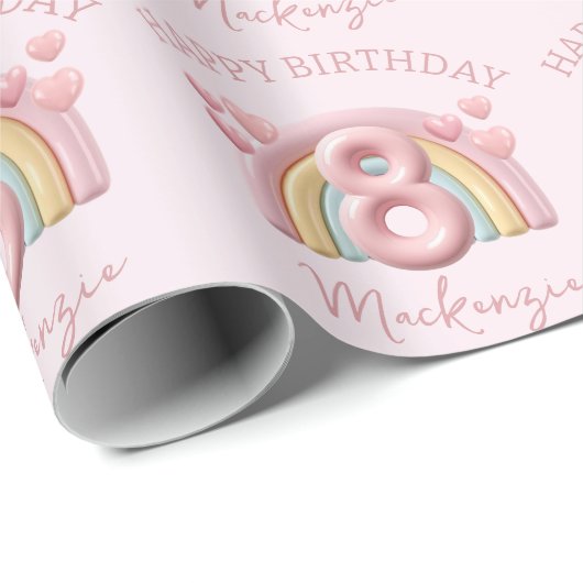Shiny 3D Rainbow 8th Birthday Party For Girl Pink Cadeaupapier (Rol Hoek)