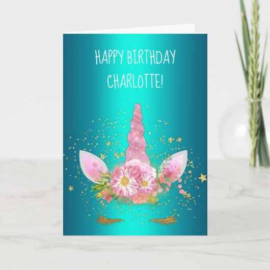 Shiny Aqua Pink Unicorn Birthday Kaart (Voorkant)