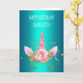 Shiny Aqua Pink Unicorn Birthday Kaart (Gele Bloem)