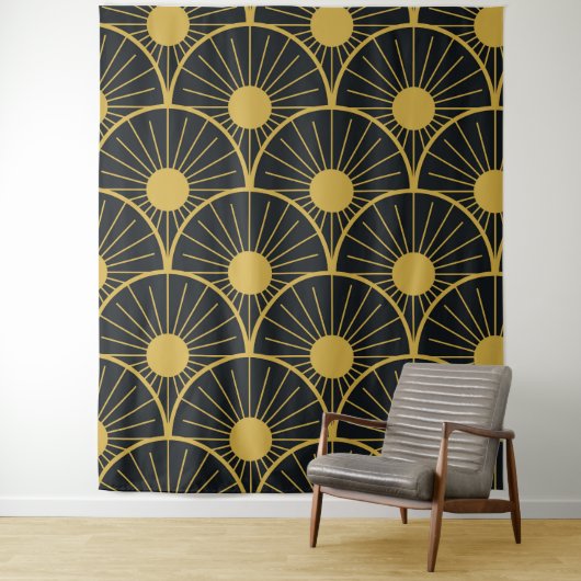 Shiny Art Deco Gold Sun Patroon op zwart Wandkleed (In situ)