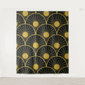 Shiny Art Deco Gold Sun Patroon op zwart Wandkleed (Voorkant)