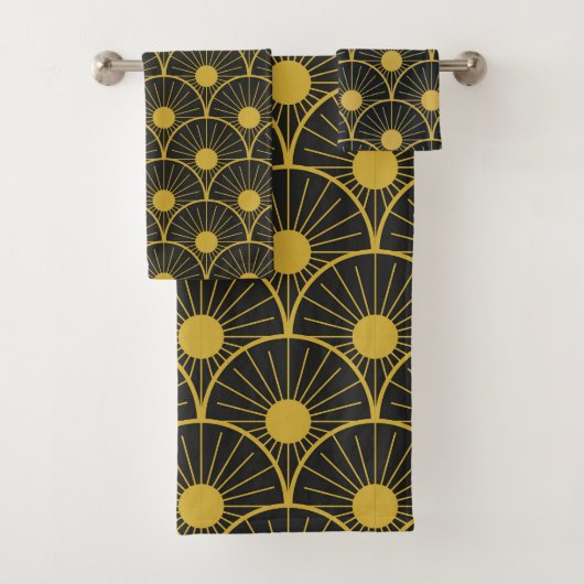 Shiny Art deco zwart en goud zon patroon Bad Handdoek (Insitu)