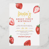 Shiny Berry First Strawberry Girl 1e verjaardag Folie Uitnodiging (Voorkant)