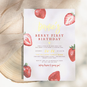 Shiny Berry First Strawberry Girl 1e verjaardag Folie Uitnodiging