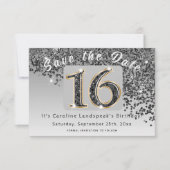 Shiny Black Glitter voor Sweet 16 Party Save The Date (Voorkant)