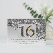 Shiny Black Glitter voor Sweet 16 Party Save The Date (Staand voorkant)