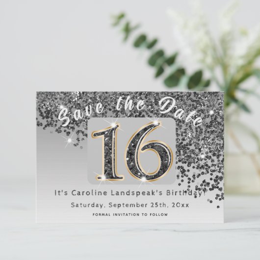 Shiny Black Glitter voor Sweet 16 Party Save The Date (Staand voorkant)