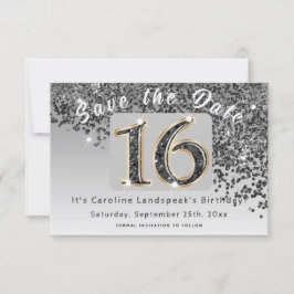 Shiny Black Glitter voor Sweet 16 Party Save The Date