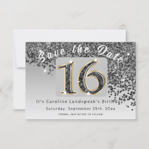 Shiny Black Glitter voor Sweet 16 Party Save The Date