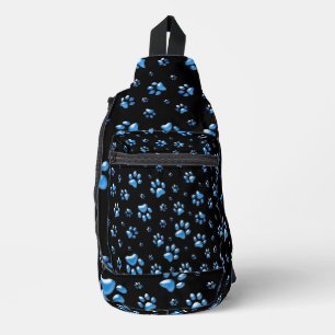 Shiny Blue Paws op zwarte achtergrond Print Patroo Sling Bag