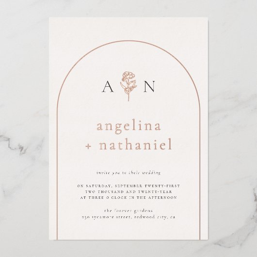 Shiny Boho Minimalist Roos Arch & Photo Wedding Folie Uitnodiging (Voorkant)