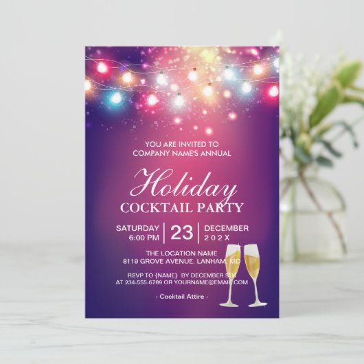 Shiny Bokeh String Lights Holiday Cocktail Party Kaart (Staand voorkant)