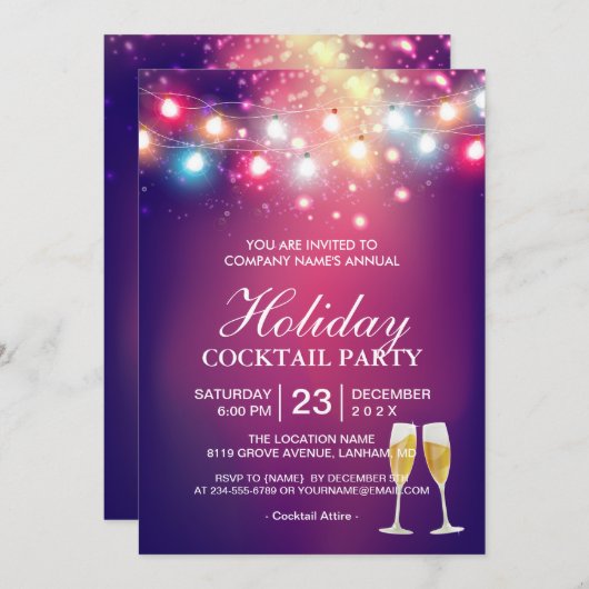 Shiny Bokeh String Lights Holiday Cocktail Party Kaart (Voorkant / Achterkant)