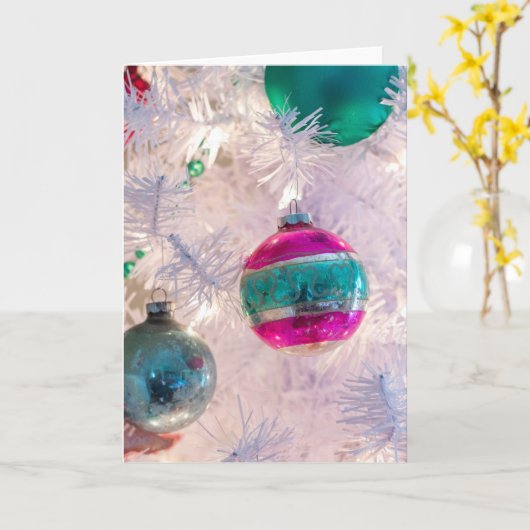  Shiny Brite-versieringen op witte boomkaart Kaart (Gele Bloem)