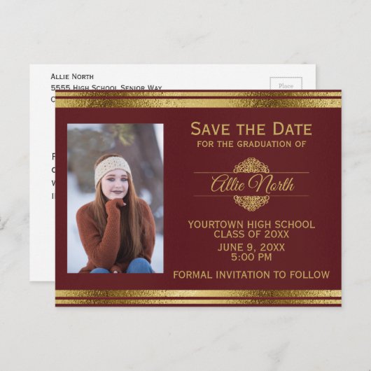 Shiny Burgundy and Gold Photo Afstuderen Briefkaart (Voorkant / Achterkant)