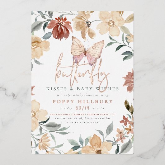 Shiny Butterfly Kisses & Wishes Girl Baby shower Folie Uitnodiging (Voorkant)