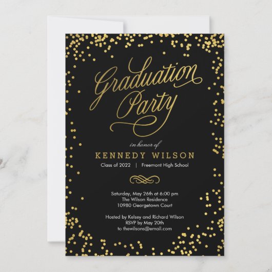 Shiny Confetti Graduation Party Invitation Black Kaart (Voorkant)