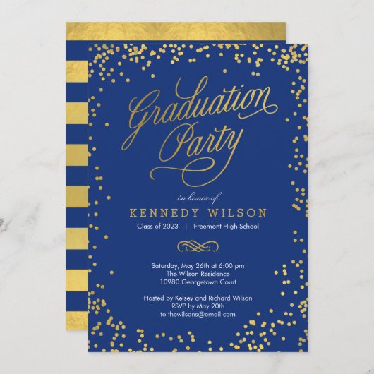 Shiny Confetti Graduation Party Invitation Blue Kaart (Voorkant / Achterkant)