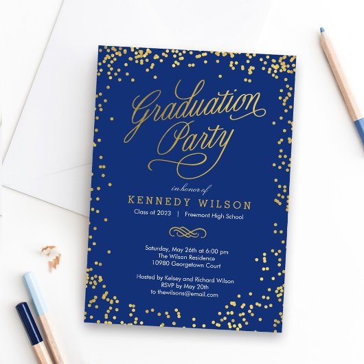 Shiny Confetti Graduation Party Invitation Blue Kaart