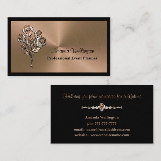 Shiny Copper Floral Event Planner Business Card Visitekaartje (Voorkant / Achterkant)