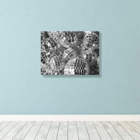 Shiny Disco Ball Ornamenten Black en White Photo Canvas Afdruk (Insitu (Houten vloer))