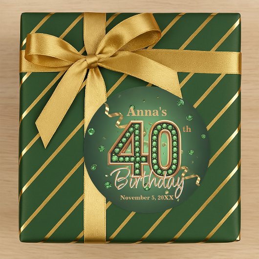 Shiny Emerald Green and Gold Accents 40th Birthday Ronde Sticker