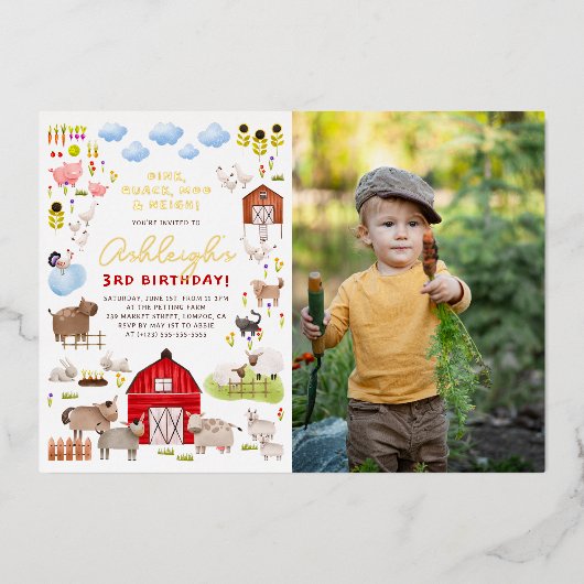 Shiny Farm Animals Bash Verjaardagsfeestfoto Folie Uitnodiging (Voorkant)
