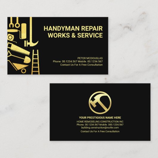 Shiny Gold Construction Handyman Tools Visitekaartje (Voorkant / Achterkant)