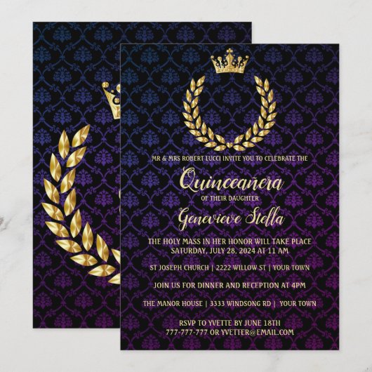 Shiny Gold Crown Quinceanera Uitnodiging (Voorkant / Achterkant)