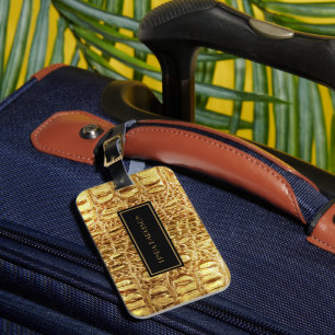 Shiny Gold Designer Alligator Crocodile Skin Bagagelabel