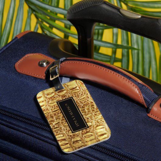 Shiny Gold Designer Alligator Crocodile Skin Bagagelabel (Voorkant Insitu 1)