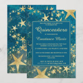 Shiny Gold en Blue Quinceanera Invitation Kaart (Voorkant / Achterkant)
