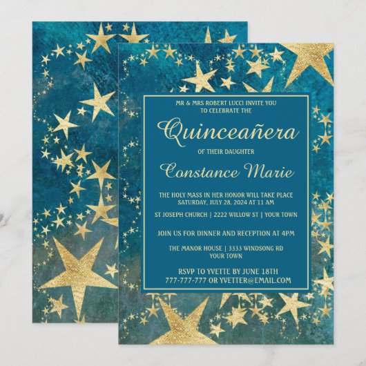 Shiny Gold en Blue Quinceanera Invitation Kaart (Voorkant / Achterkant)