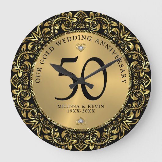 Shiny Gold Swirls Circle Lijst 50e bruiloft Grote Klok (Voorkant)