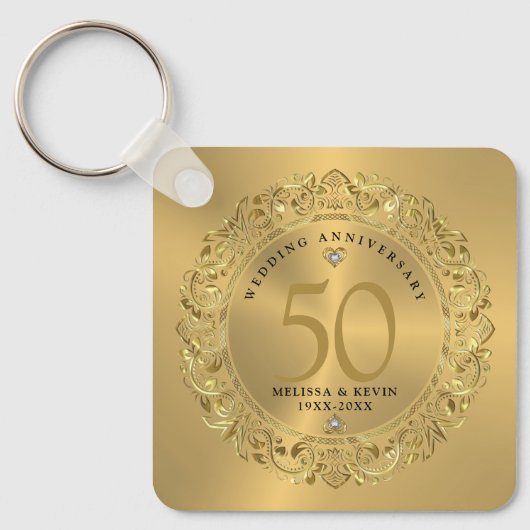 Shiny Gold Swirls Circle Lijst 50e bruiloft Sleutelhanger (Voorkant)