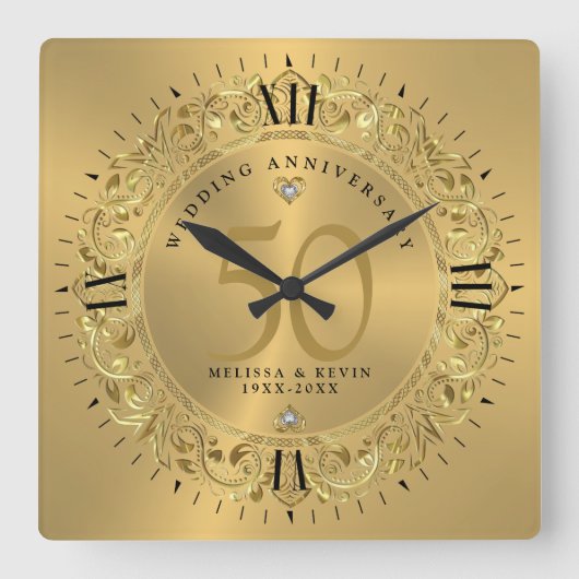 Shiny Gold Swirls Circle Lijst 50e bruiloft Vierkante Klok (Voorkant)