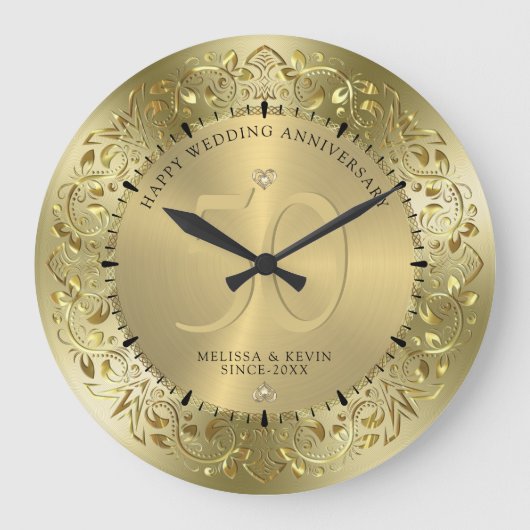 Shiny Gold Swirls Circle Lijst 50ste bruiloft Grote Klok (Voorkant)