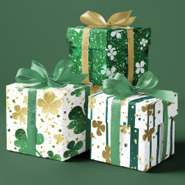 Shiny Green en Gold Shamrock Feestelijke set van 3 Inpakpapier Vel