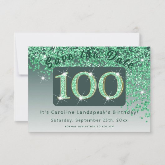 Shiny Green Glitter voor 100e verjaardag Save The Date (Voorkant)
