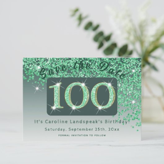 Shiny Green Glitter voor 100e verjaardag Save The Date (Staand voorkant)