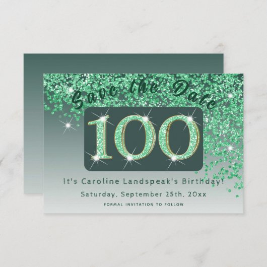 Shiny Green Glitter voor 100e verjaardag Save The Date (Voorkant / Achterkant)